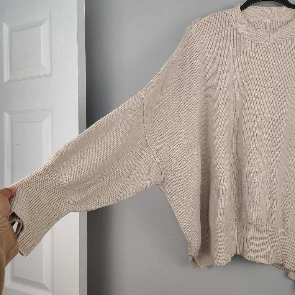 Free People Easy Street Oversized Chunky Knit Neutral Crewneck Sweater Classic M